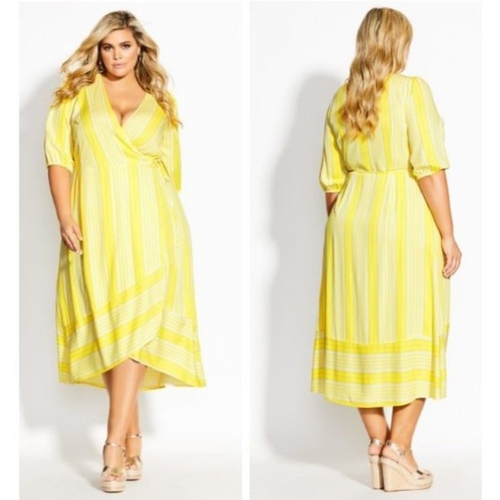 🍋 NEW City Chic Zesty Lemon Striped Wrap Midi Dress - 16 / S